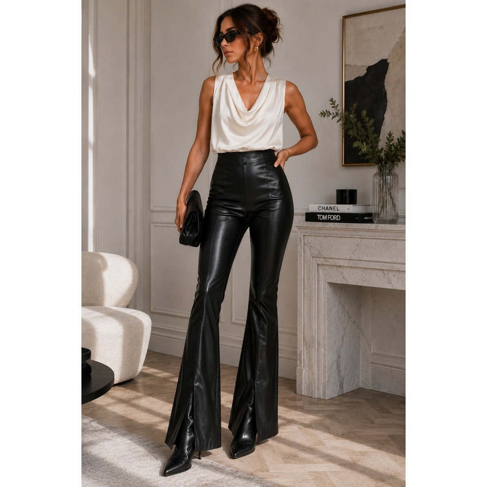 Commense Black Faux Leather High Waist Flared Pants Split Hem Trousers Size S